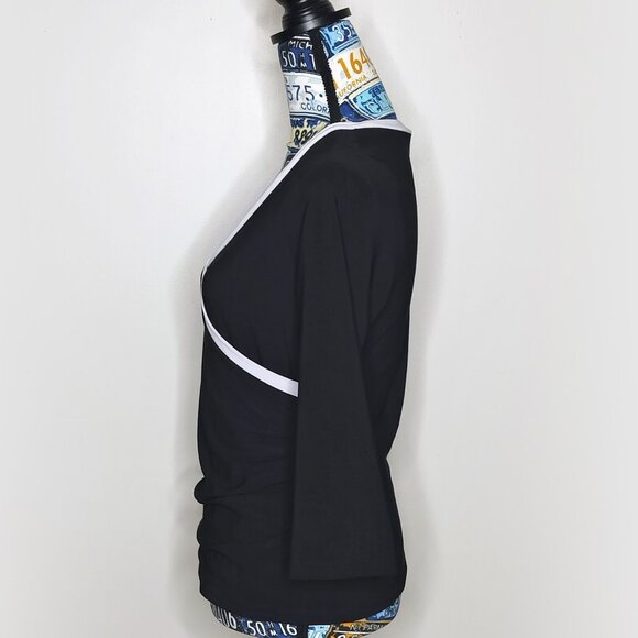WHITE HOUSE BLACK MARKET Faux Wrap Crossover Top Y2K V-Neck 3/4 Sleeves Black M - Picture 3 of 7